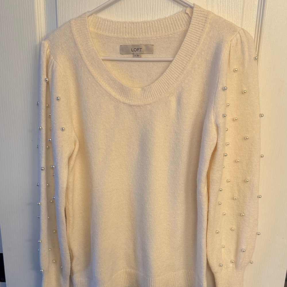 LOFT Cream Sweater with Pearl Details